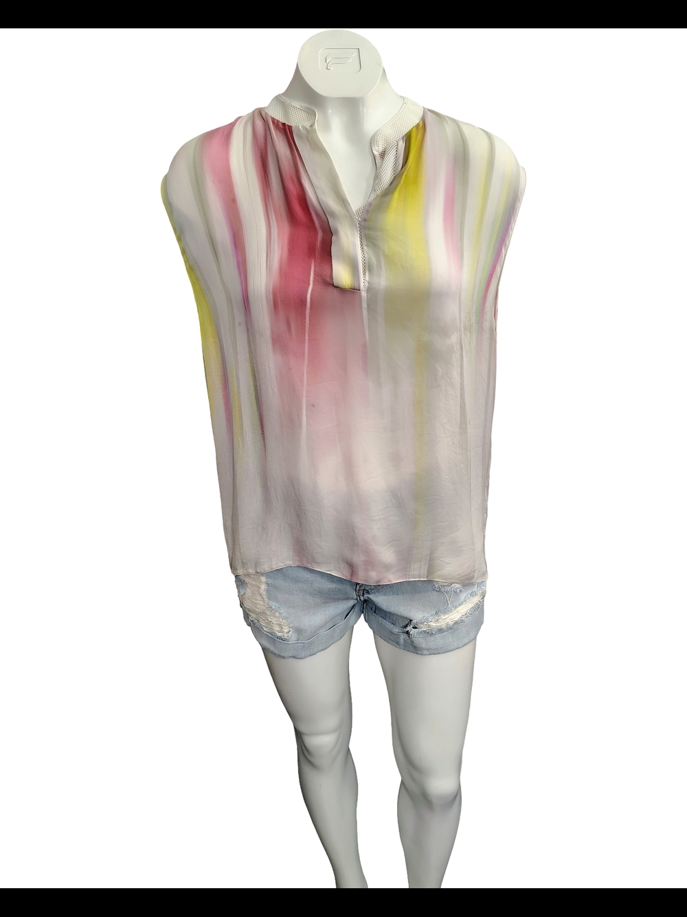 Elie Tahari Pink, Yellow & Cream Silk Stripe Sleeveless Blouse